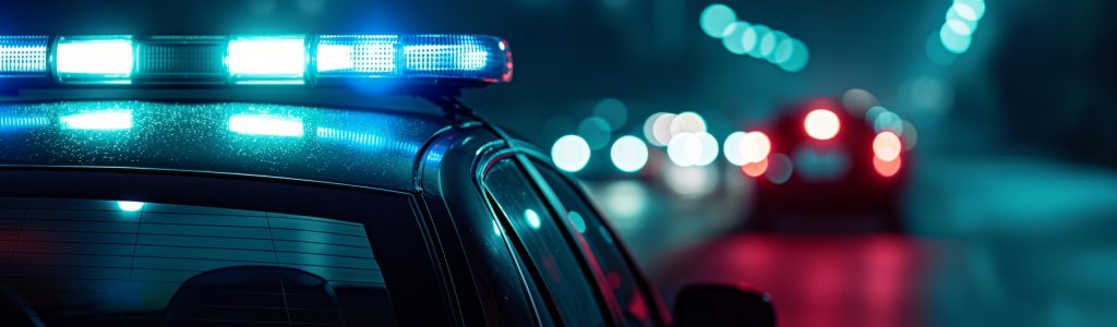 A police car with its blue lights flashing on the roof is parked on a city street at night. The car is in focus, while the street and other cars are out of focus and blurred. The image is lit by the blue lights of the police car, which creates a dramatic and moody atmosphere. The colors in the image are mostly blue and black, with some red highlights from the taillights of other cars. The image evokes a sense of law enforcement and danger.
